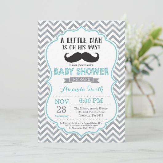 Mustache Baby shower Invitation Aqua en Grijs Kaart (Staand voorkant)