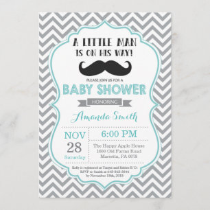 Mustache Baby shower Invitation Aqua en Grijs Kaart
