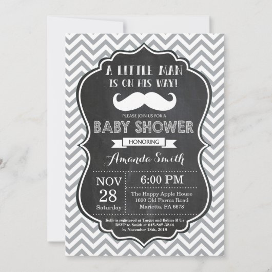 Mustache Baby shower Invitation Black en Grey Kaart (Voorkant)