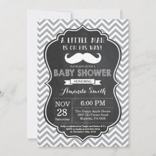 Mustache Baby shower Invitation Black en Grey Kaart
