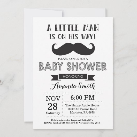 Mustache Baby shower Invitation Black en Grey Kaart (Voorkant)