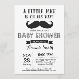 Mustache Baby shower Invitation Black en Grey Kaart