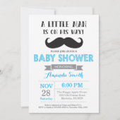 Mustache Baby shower Invitation Blauw en Grijs Kaart (Voorkant)