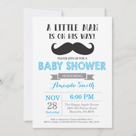 Mustache Baby shower Invitation Blauw en Grijs Kaart (Voorkant)