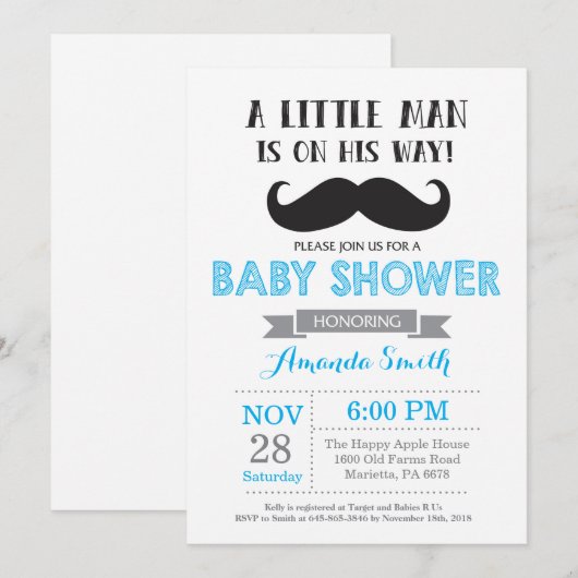 Mustache Baby shower Invitation Blauw en Grijs Kaart (Voorkant / Achterkant)