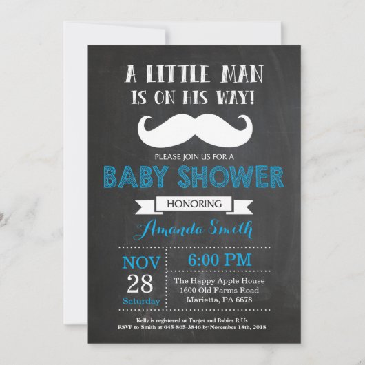 Mustache Baby shower Invitation Blauw en Grijs Kaart (Voorkant)