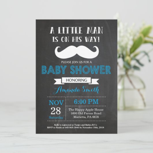 Mustache Baby shower Invitation Blauw en Grijs Kaart (Staand voorkant)