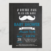 Mustache Baby shower Invitation Blauw en Grijs Kaart (Voorkant / Achterkant)