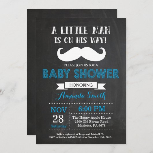 Mustache Baby shower Invitation Blauw en Grijs Kaart (Voorkant / Achterkant)
