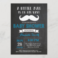 Mustache Baby shower Invitation Blauw en Grijs