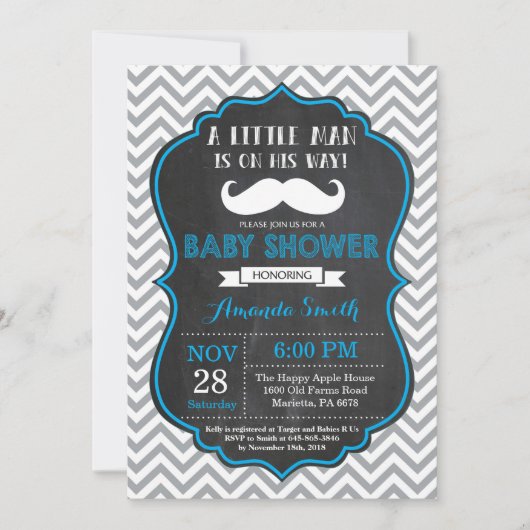 Mustache Baby shower Invitation Blue en Grey Kaart (Voorkant)