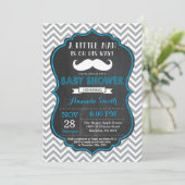 Mustache Baby shower Invitation Blue en Grey Kaart (Staand voorkant)