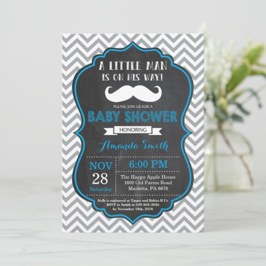 Mustache Baby shower Invitation Blue en Grey Kaart (Staand voorkant)