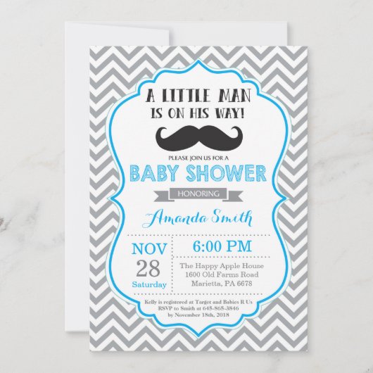 Mustache Baby shower Invitation Blue en Grey Kaart (Voorkant)