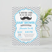 Mustache Baby shower Invitation Blue en Grey Kaart (Staand voorkant)