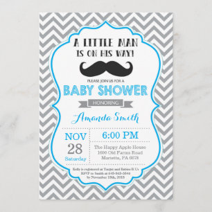 Mustache Baby shower Invitation Blue en Grey Kaart
