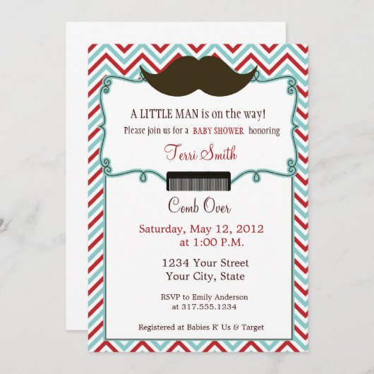Mustache Baby shower Invitation for Little Man Kaart (Voorkant / Achterkant)