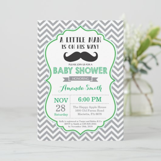 Mustache Baby shower Invitation Green and Grey Kaart (Staand voorkant)