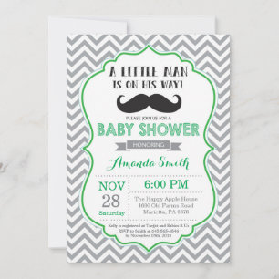 Mustache Baby shower Invitation Green and Grey Kaart
