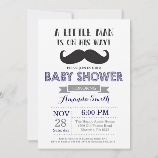 Mustache Baby shower Invitation Navy blauw en grij Kaart (Voorkant)