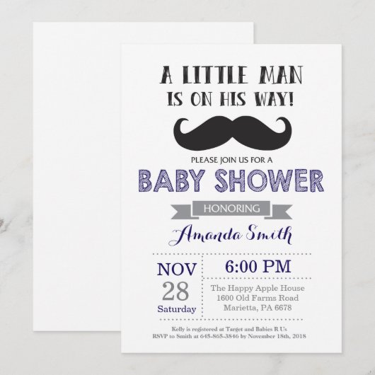 Mustache Baby shower Invitation Navy blauw en grij Kaart (Voorkant / Achterkant)