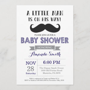 Mustache Baby shower Invitation Navy blauw en grij Kaart