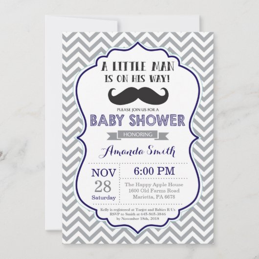Mustache Baby shower Invitation Navy Blue en Grey Kaart (Voorkant)
