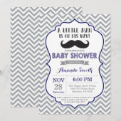 Mustache Baby shower Invitation Navy Blue en Grey Kaart (Voorkant / Achterkant)