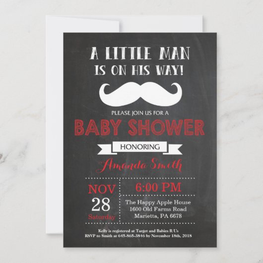 Mustache Baby shower Invitation Red en Grey Kaart (Voorkant)