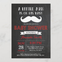 Mustache Baby shower Invitation Red en Grey