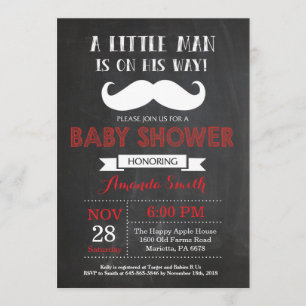 Mustache Baby shower Invitation Red en Grey Kaart