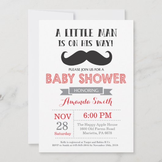 Mustache Baby shower Invitation Red en Grey Kaart (Voorkant)