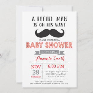 Mustache Baby shower Invitation Red en Grey Kaart