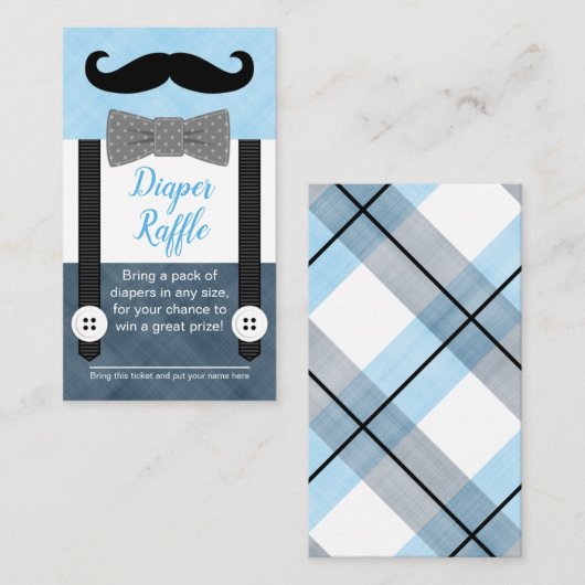 Mustache baby shower luier loterij ticket marine informatiekaartje (Voorkant / Achterkant)