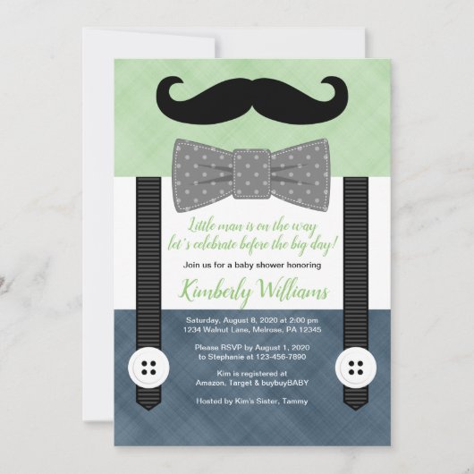Mustache baby shower Uitnodiging Green Navy Bow st (Voorkant)