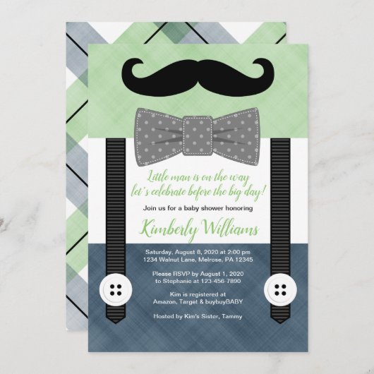 Mustache baby shower Uitnodiging Green Navy Bow st (Voorkant / Achterkant)