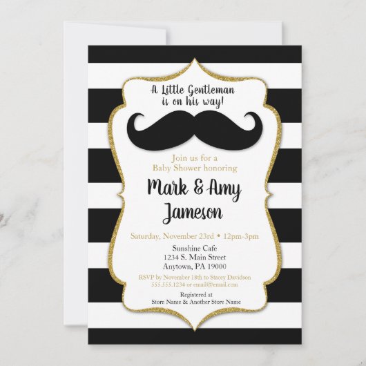 Mustache Baby shower Uitnodiging horizontale strep (Voorkant)