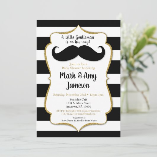 Mustache Baby shower Uitnodiging horizontale strep (Staand voorkant)