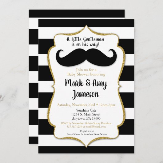 Mustache Baby shower Uitnodiging horizontale strep (Voorkant / Achterkant)