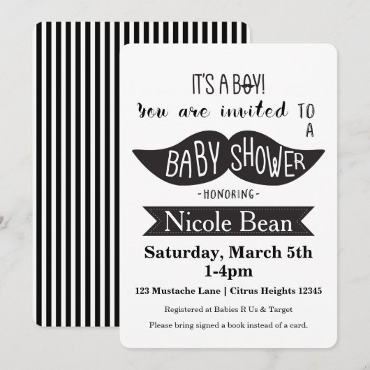 Mustache Baby shower Zwart & Wit Uitnodigingen (Voorkant / Achterkant)