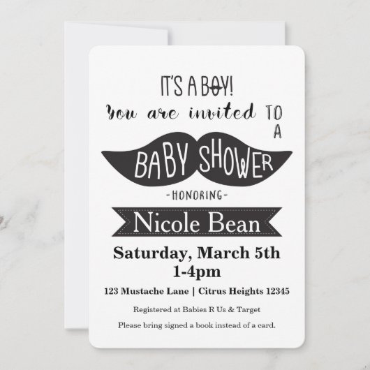 Mustache Baby shower Zwart & Wit Uitnodigingen (Voorkant)