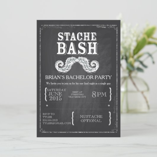 Mustache Bash Bachelor Party Chalkboard Hipster Kaart (Staand voorkant)