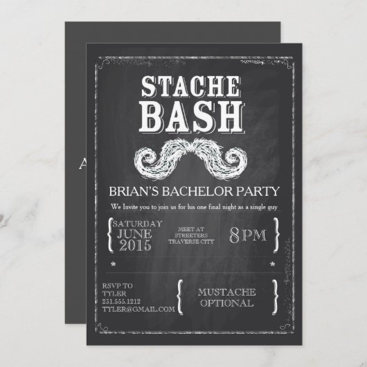 Mustache Bash Bachelor Party Chalkboard Hipster Kaart (Voorkant / Achterkant)