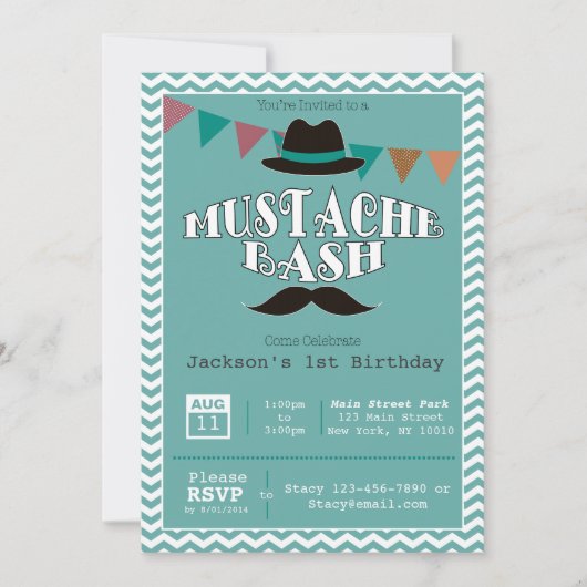Mustache Bash Birthday Party Invitation Kaart (Voorkant)