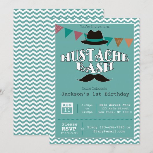Mustache Bash Birthday Party Invitation Kaart (Voorkant / Achterkant)