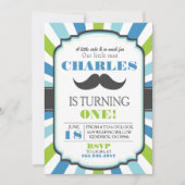 Mustache Bash Blue Birthday Invite Kaart (Voorkant)