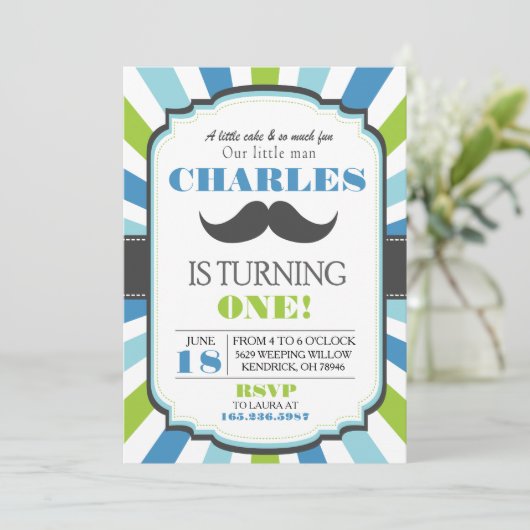 Mustache Bash Blue Birthday Invite Kaart (Staand voorkant)