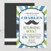 Mustache Bash Blue Birthday Invite Kaart (Voorkant / Achterkant)