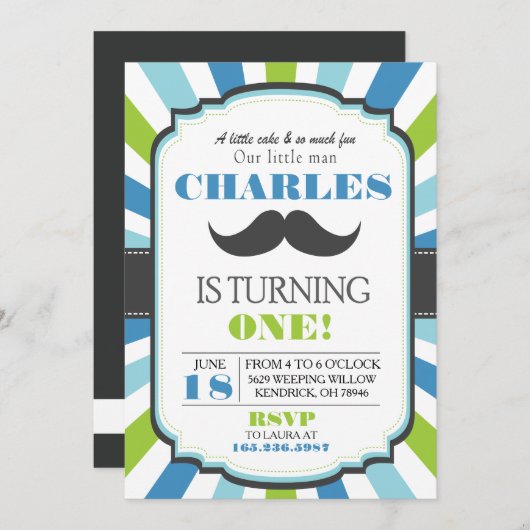 Mustache Bash Blue Birthday Invite Kaart (Voorkant / Achterkant)