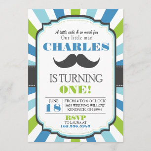 Mustache Bash Blue Birthday Invite Kaart